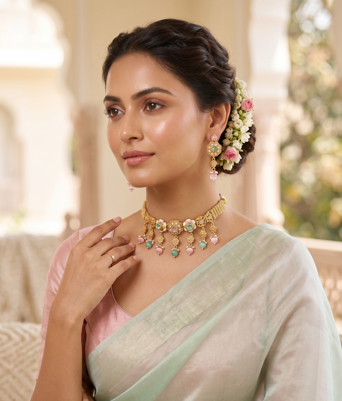 Pastel Floral Kundan Choker Set with Pink & Green Drops