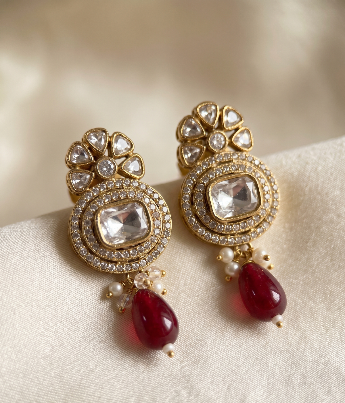 Royal Kundan & Pearl Motif Necklace Set with Drop Earrings (Available in Red & Green)
