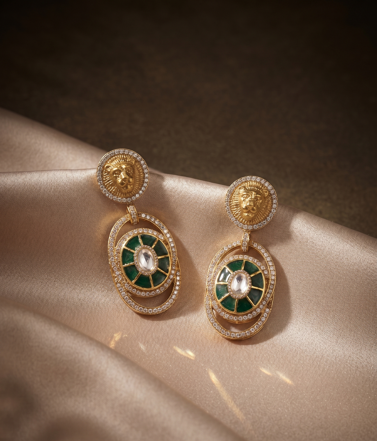Royal Lion Motif Pearl Choker Set with Matching Drop Earrings (Available in Multiple Stone Colors)