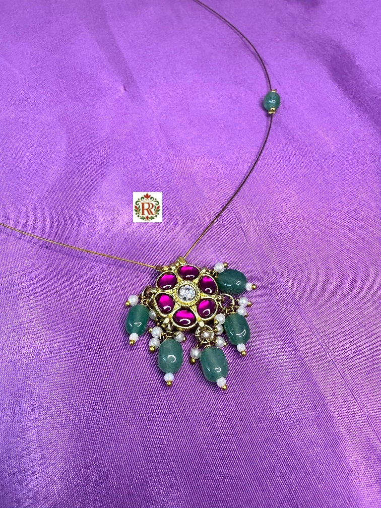 Invisible pandent set in Jadau Kundan without Earrings | Handcrafted Oval Floral Pendant Necklace with Ruby Stones, Green Beads & Pearl Accents