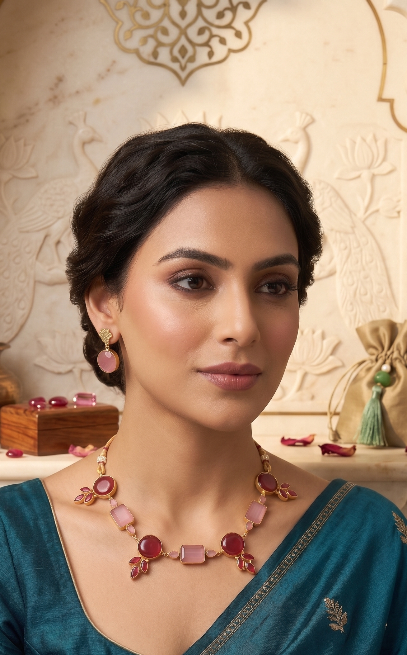 Elegant Monalisa Stone Work Necklace Set with Matching Drop Earrings – Ruby & Rose Duo
