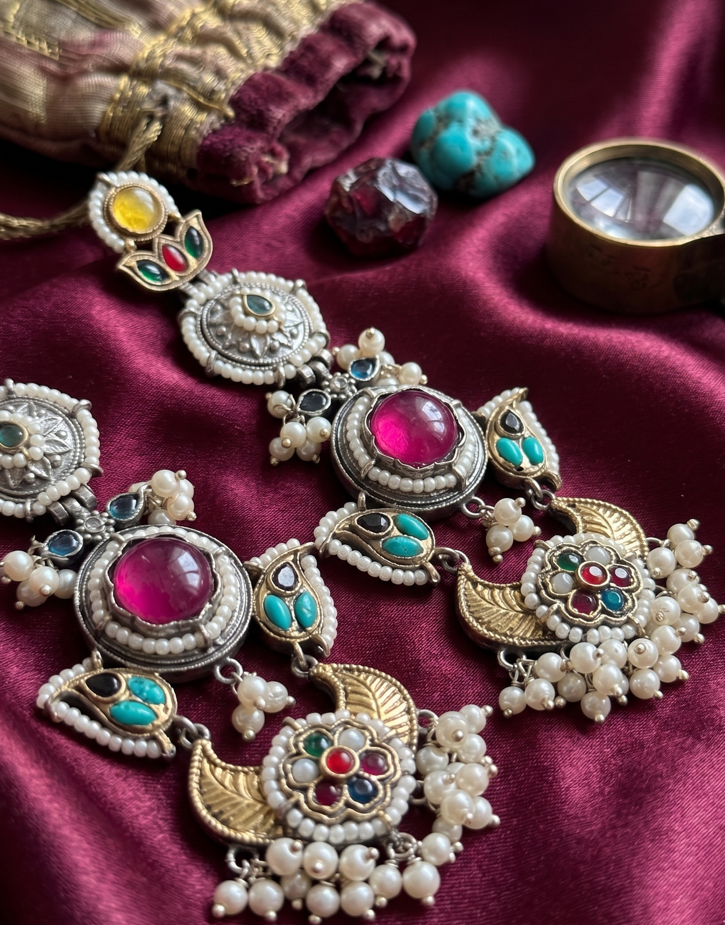 Heritage Afghan-Style Multicolour Long Earrings with Pearl Droplets
