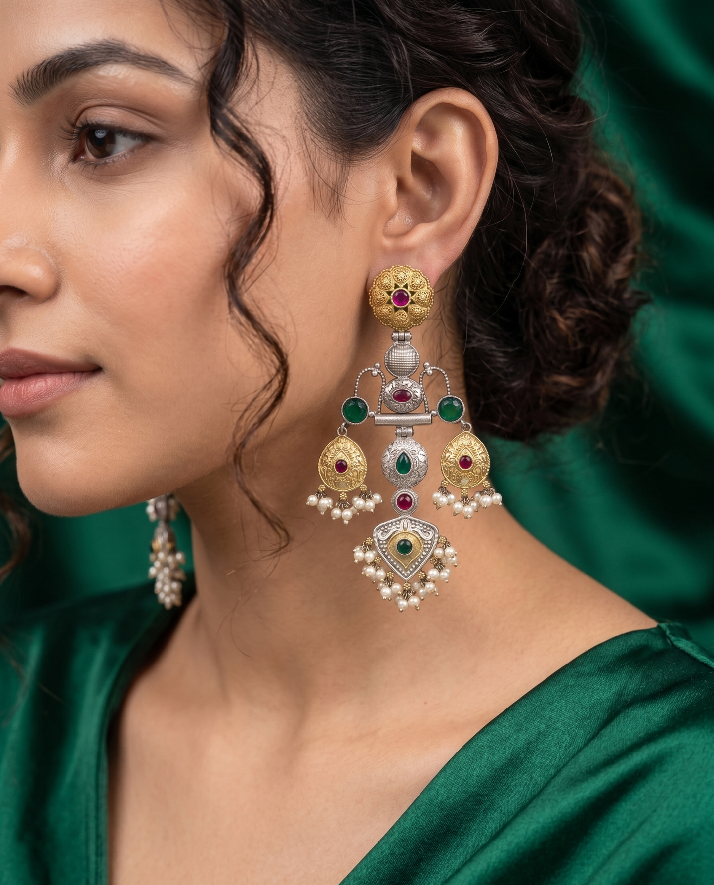 Heritage Dual-Tone Brass Jhumka Earrings with Stones & Pearl Droplets