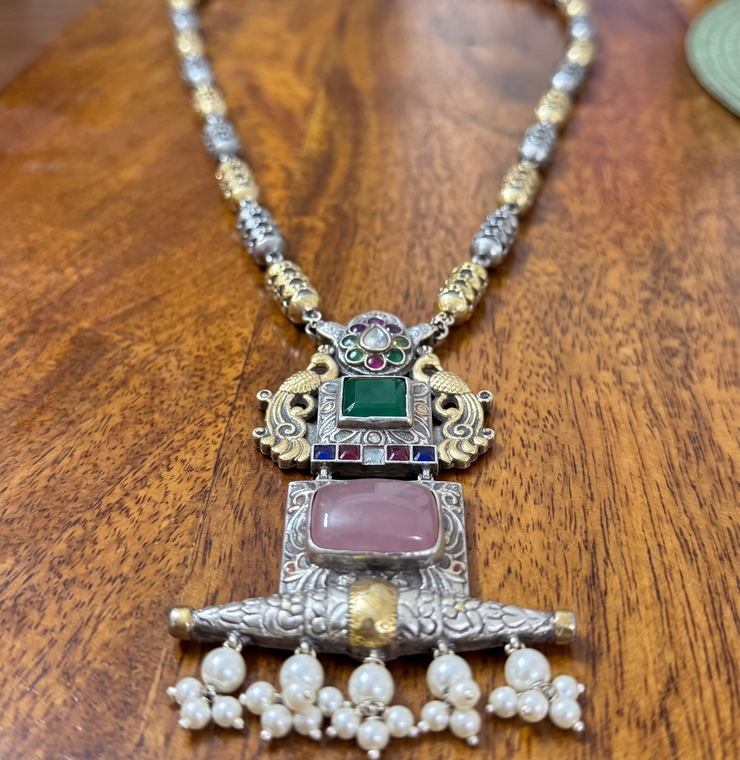 Dual-Tone Antique Peacock Necklace Set with Kemp Stones & Seed Pearl Clusters