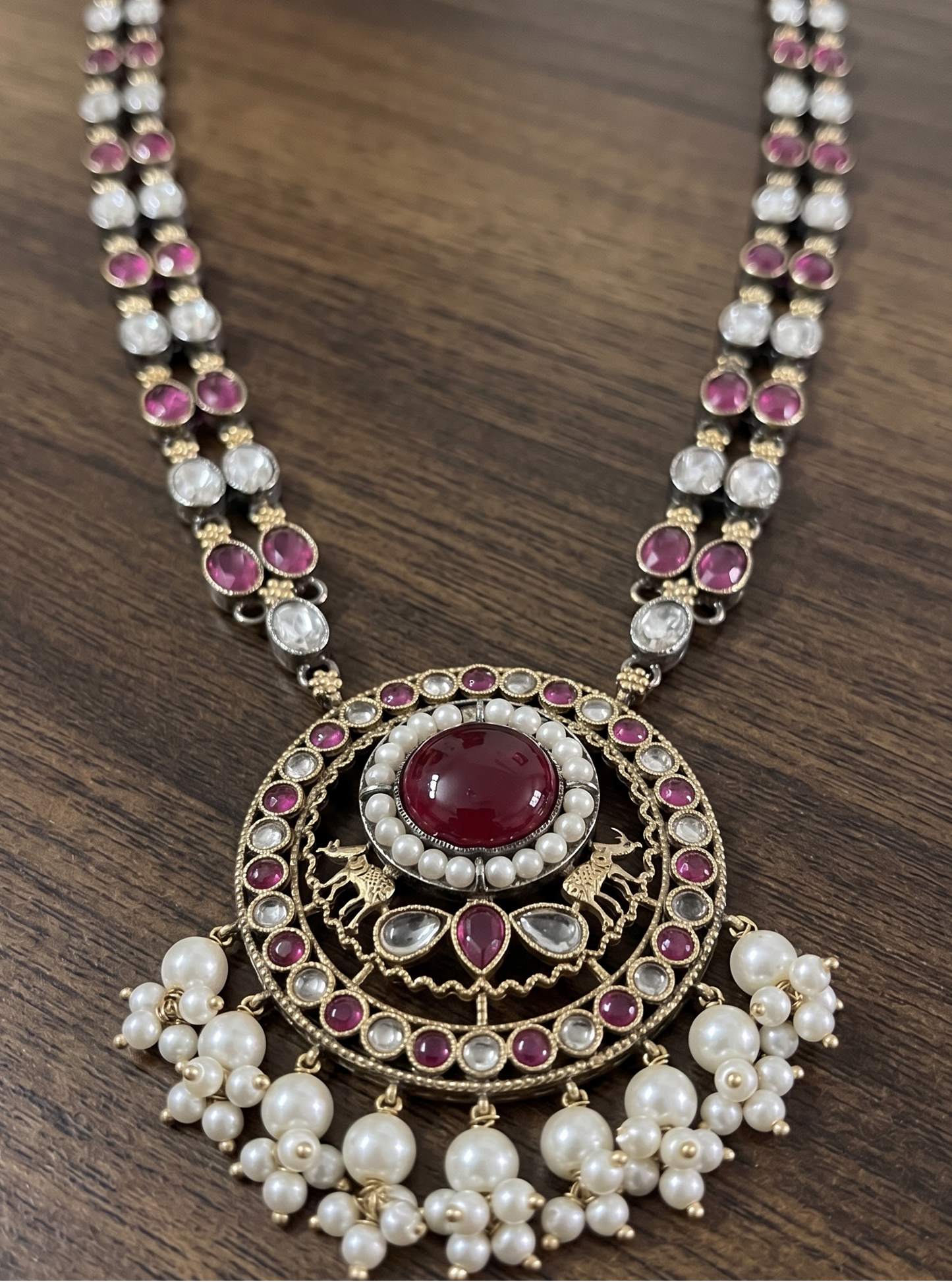 Heritage Ruby & Kundan Polki Long Necklace Set with Pearl Clusters