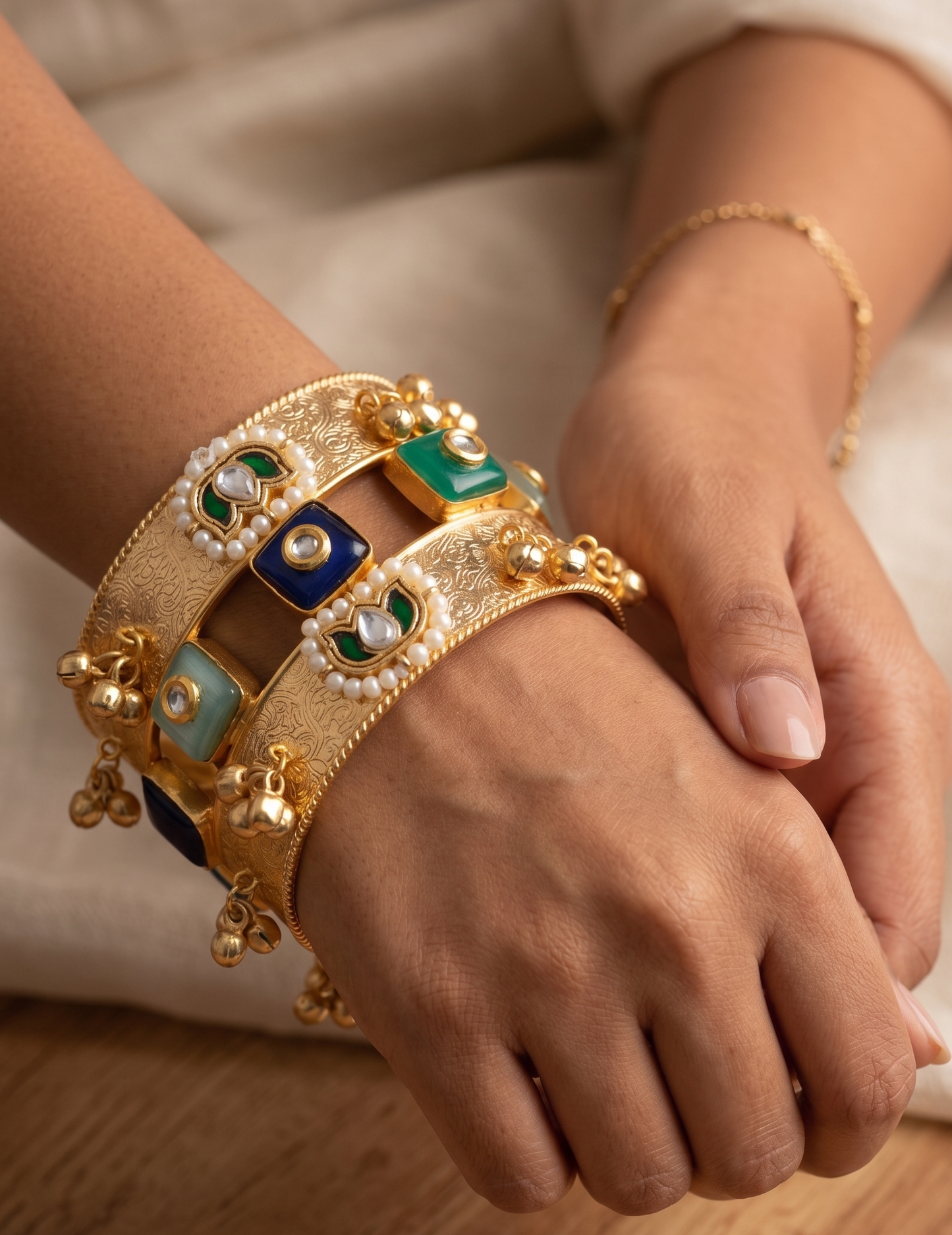 Royal Heritage Brass Broad Kada – Intricate Hand-Engraved Openable Bangle with Meenakari Work & Ghungroo Accents