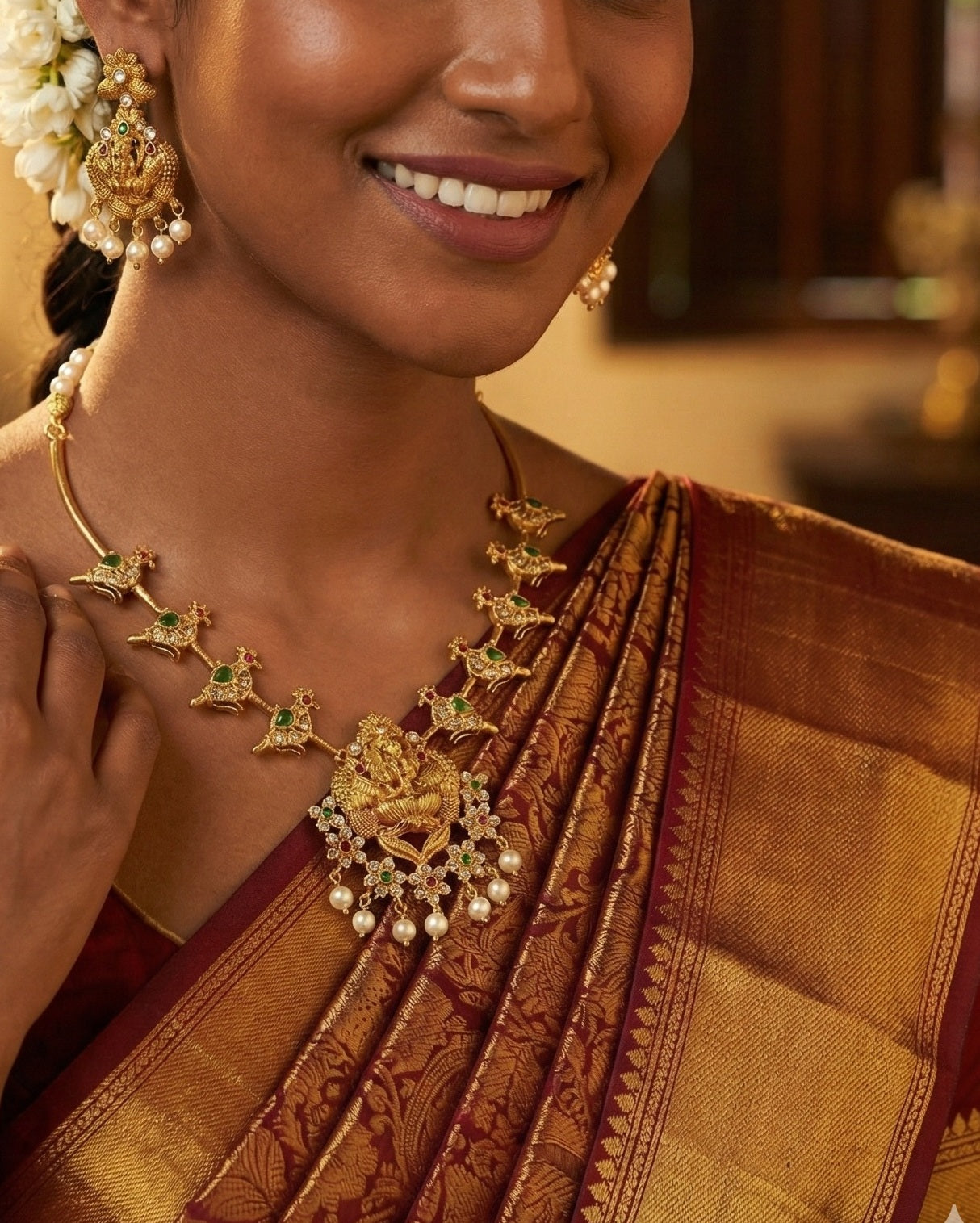 Antique Matte Gold Plated Lakshmi Temple Necklace Set with Stylized Bird Motifs & Pearl Drops