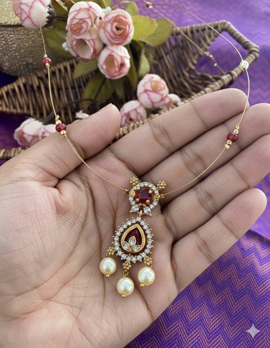 Royal Crimson Double-Tiered Floating Necklace – RUBY RED Invisible Gold Wire Choker with Pearl Dangles