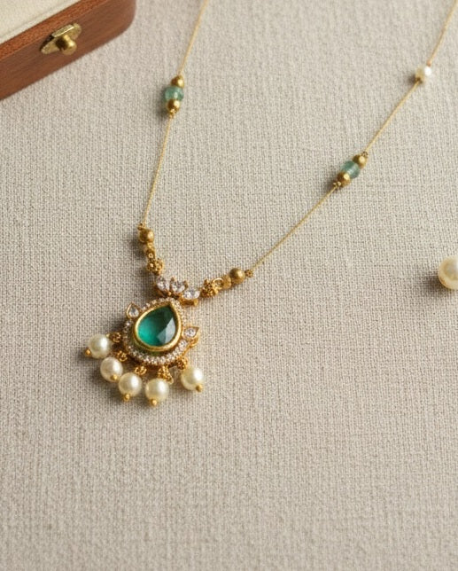 Mint Green Teardrop & Pearl Drop Invisible Necklace – Gold-Toned Floating Chain