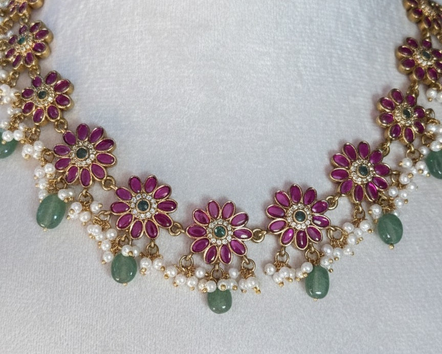 Gold-Plated Floral jadau Kundan Necklace Set with Ruby Pink Petals & Mint Green Beads