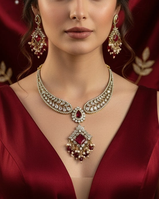 Royal Gold-Plated Statement Choker with Ruby Red Pendant and Pearl Accents