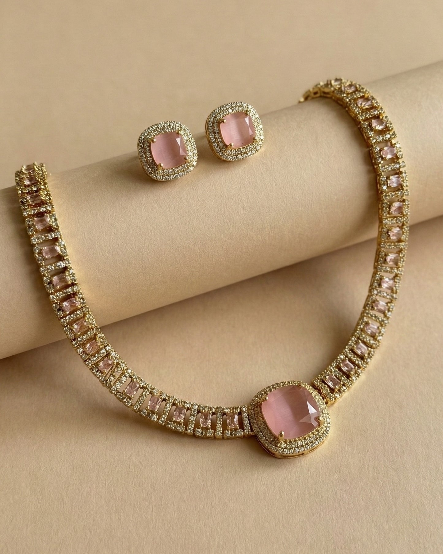 Rose Pink American Diamond (AD) Choker Necklace Set with Halo Studs | Contemporary Gold-Plated Jewellery