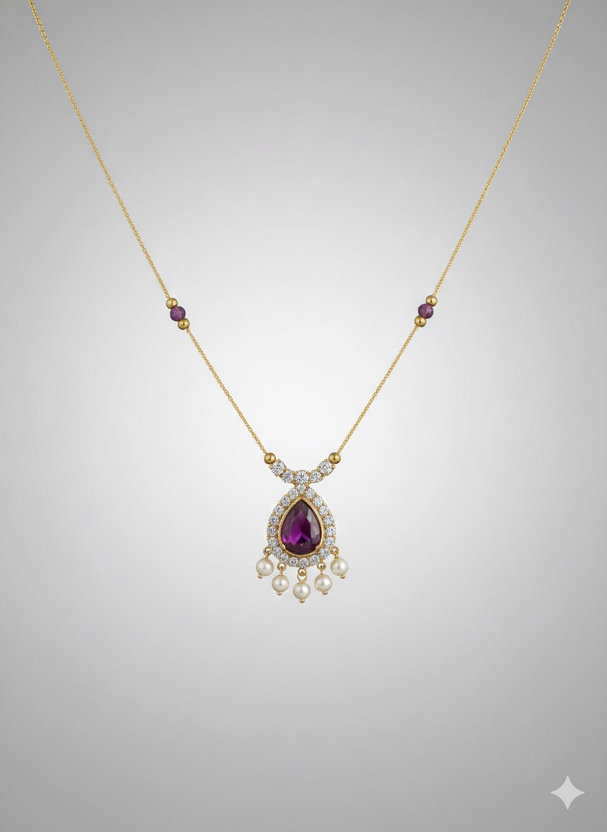 Gold Invisible Chain Necklace with Purple Teardrop Pendant and Pearl Accents