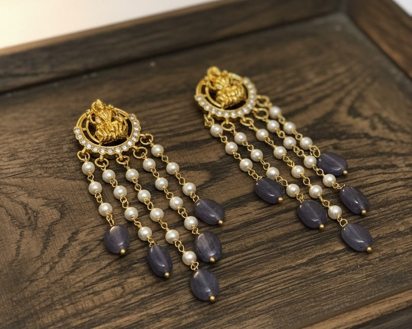 Gold-Plated Temple Jewelry Jhumka Earrings with Pearl Strands and Amethyst Beads