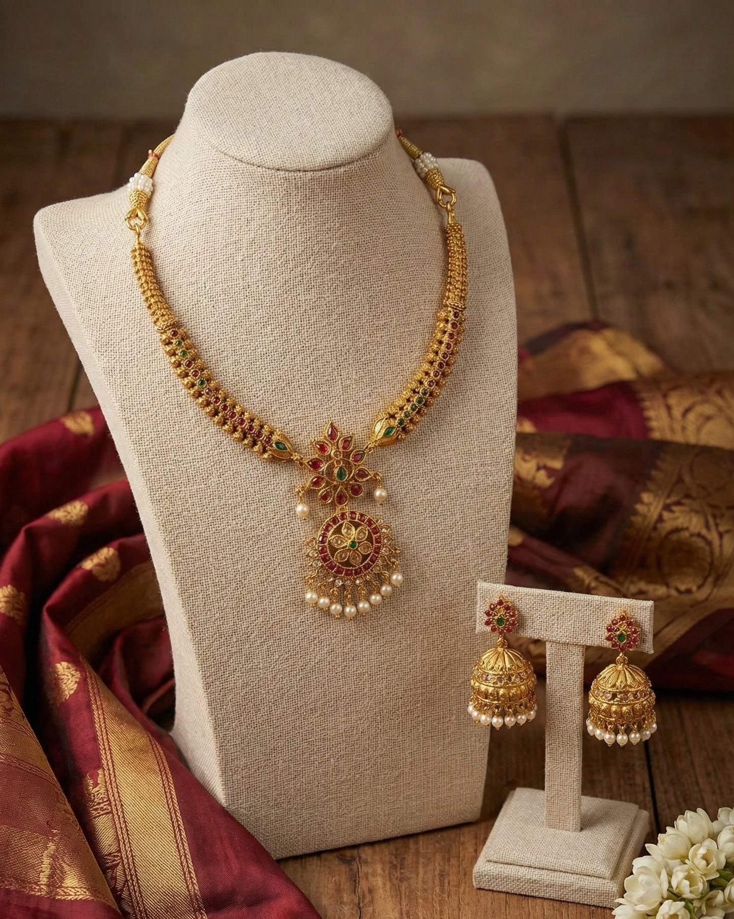 Antique Matte Gold Floral Necklace Set with Ruby & Green Kemp Stones and Pearl Drop Jhumkas | Traditional Temple Jewellery
