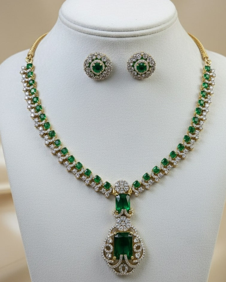 Elite Gold-Plated Long Link Necklace with Double Emerald Green Crystal Pendants
