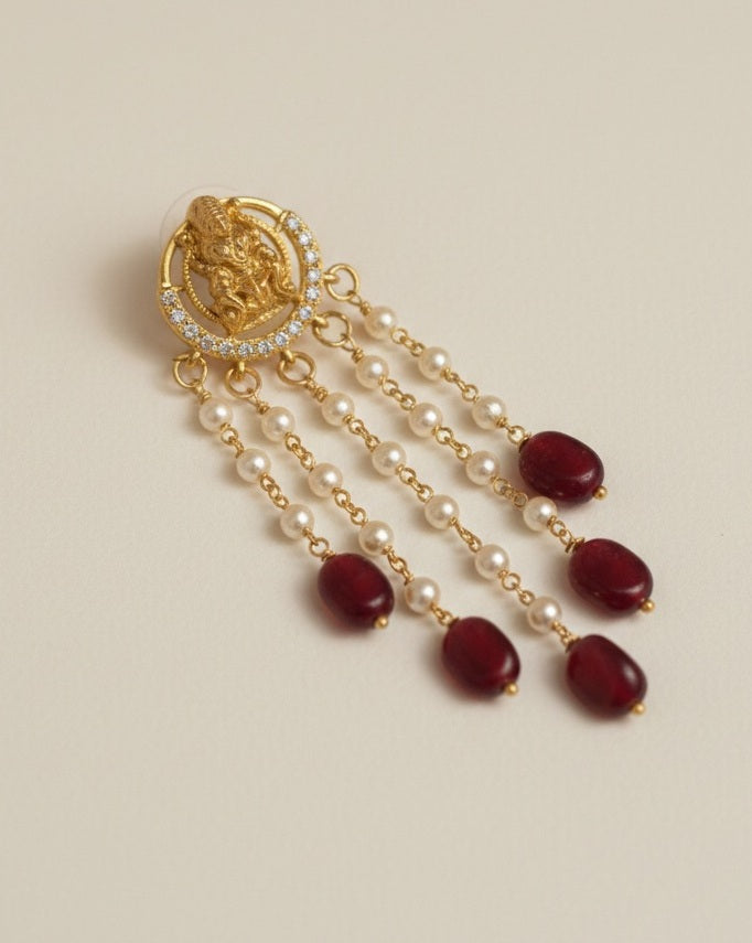 Gold-Plated Lakshmi Temple Drop Earrings with Tiered Pearls and Beads