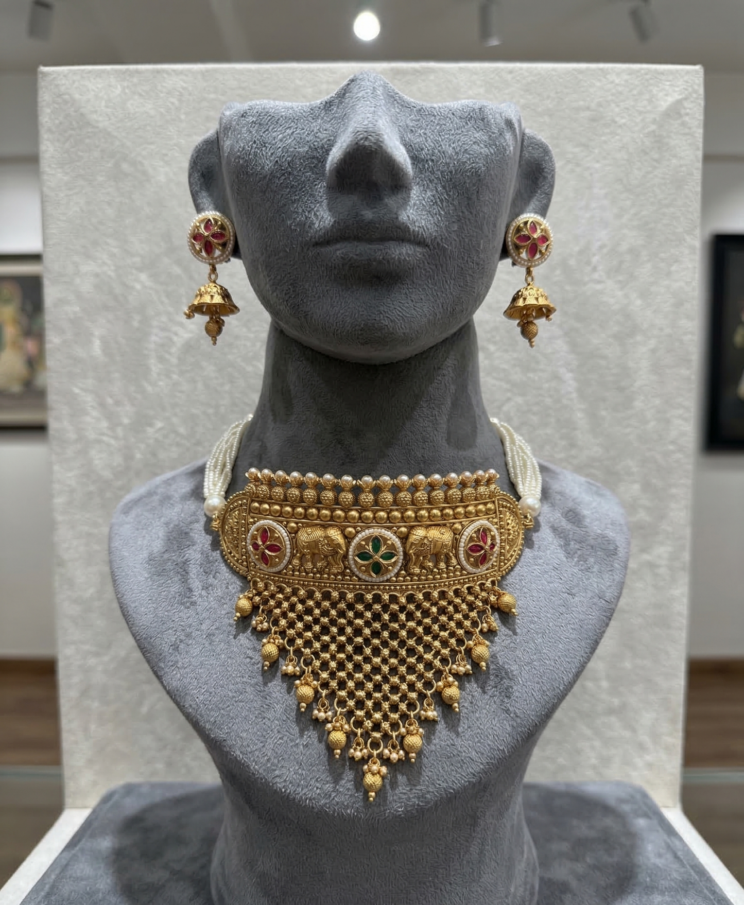 Antique Gold-Plated Elephant Motif Choker Necklace Set with Pearl Strands & Jhumkas