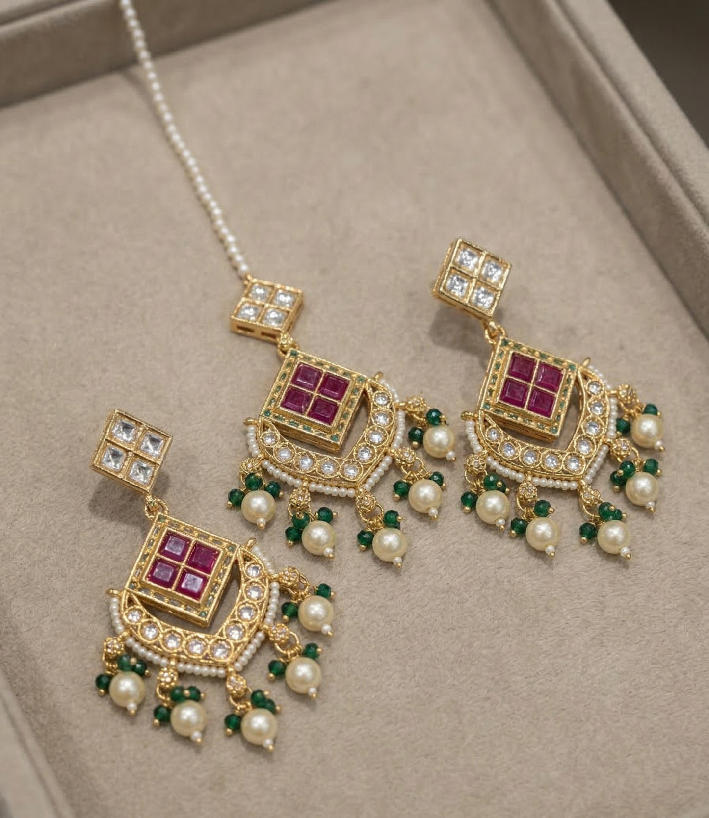 Heritage Gold-Plated Meenakari Hasli Necklace Set with Maang Tikka | Ruby & Emerald Green Accents