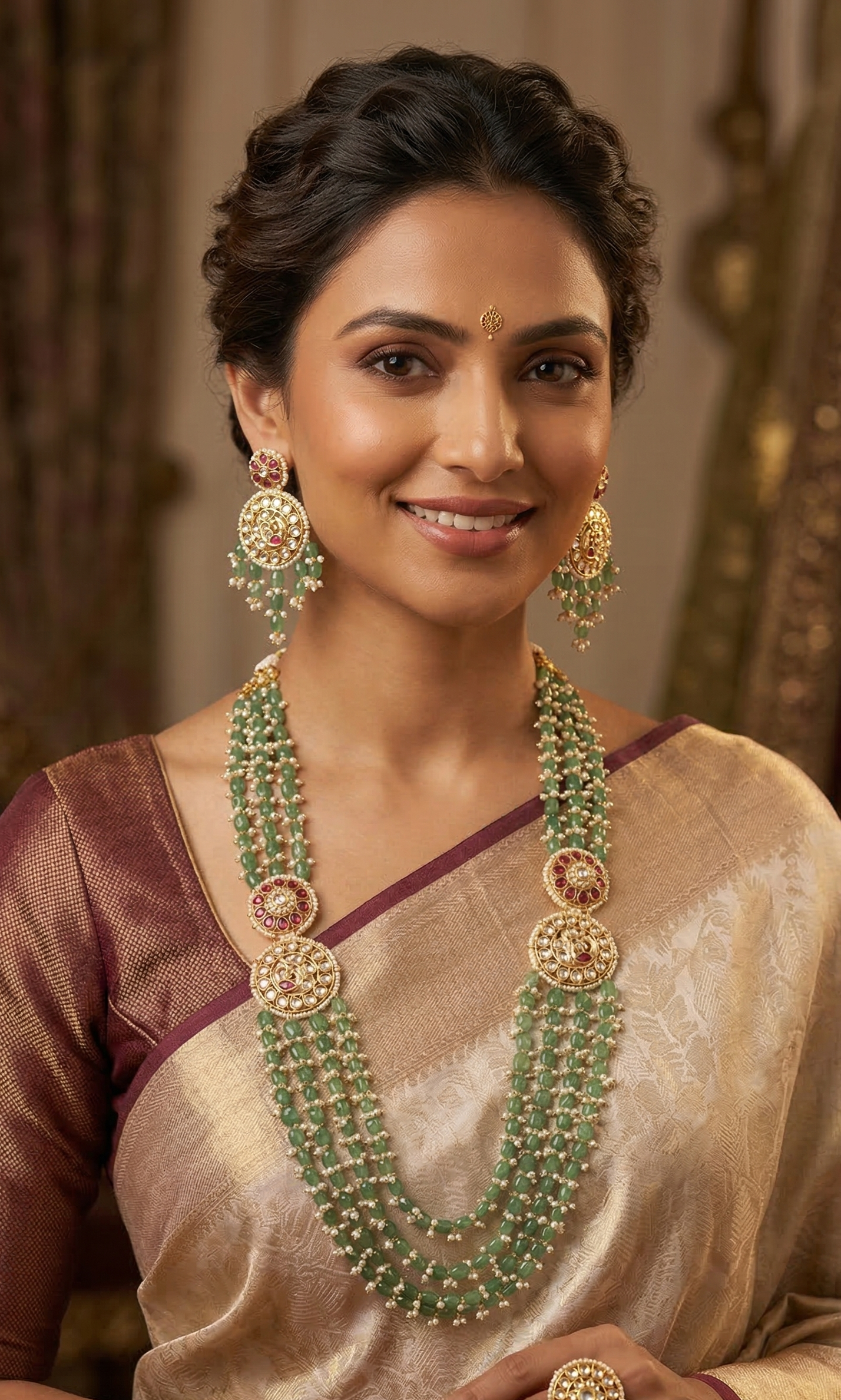 Royal Emerald Green Layered Kundan Long Necklace Set with Matching Earrings