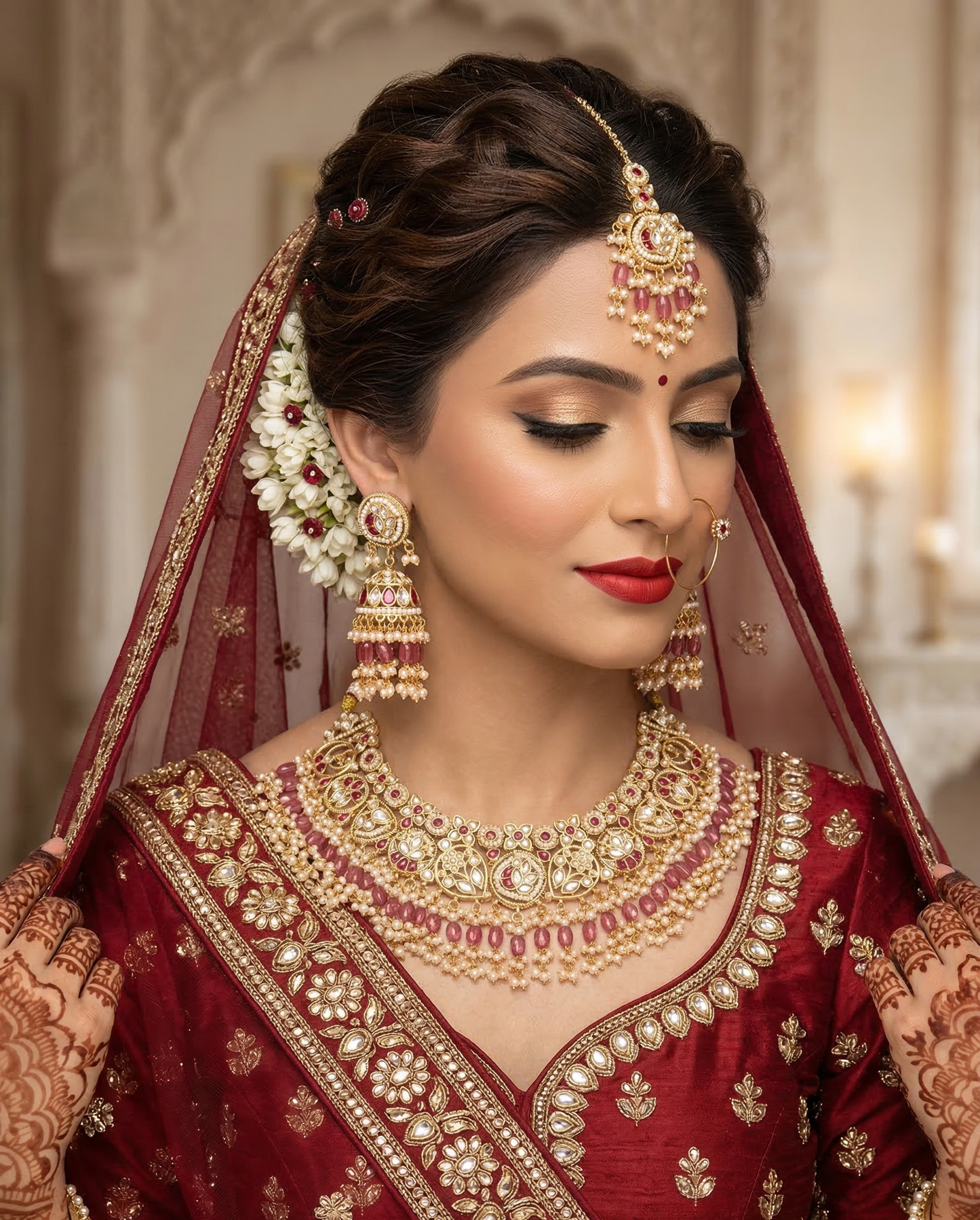 Royal Heritage Kundan & Ruby Pink Bead Semi-Bridal Necklace Set with Jhumkas and Maang Tikka