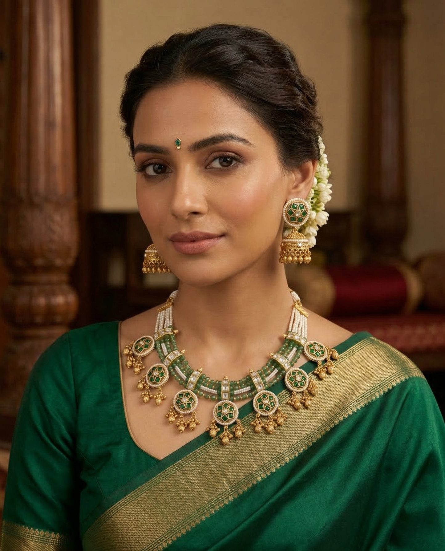 Emerald Green & Pearl Heritage Hasli-Style Necklace Set with Traditional Jhumkas