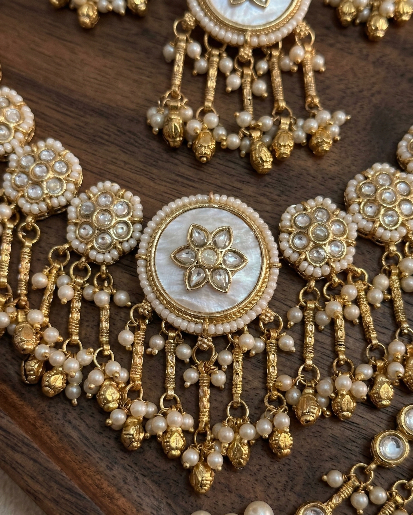 Handcrafted Pearl & Kundan Heritage Choker Set with Floral Mother-of-Pearl Centerpiece