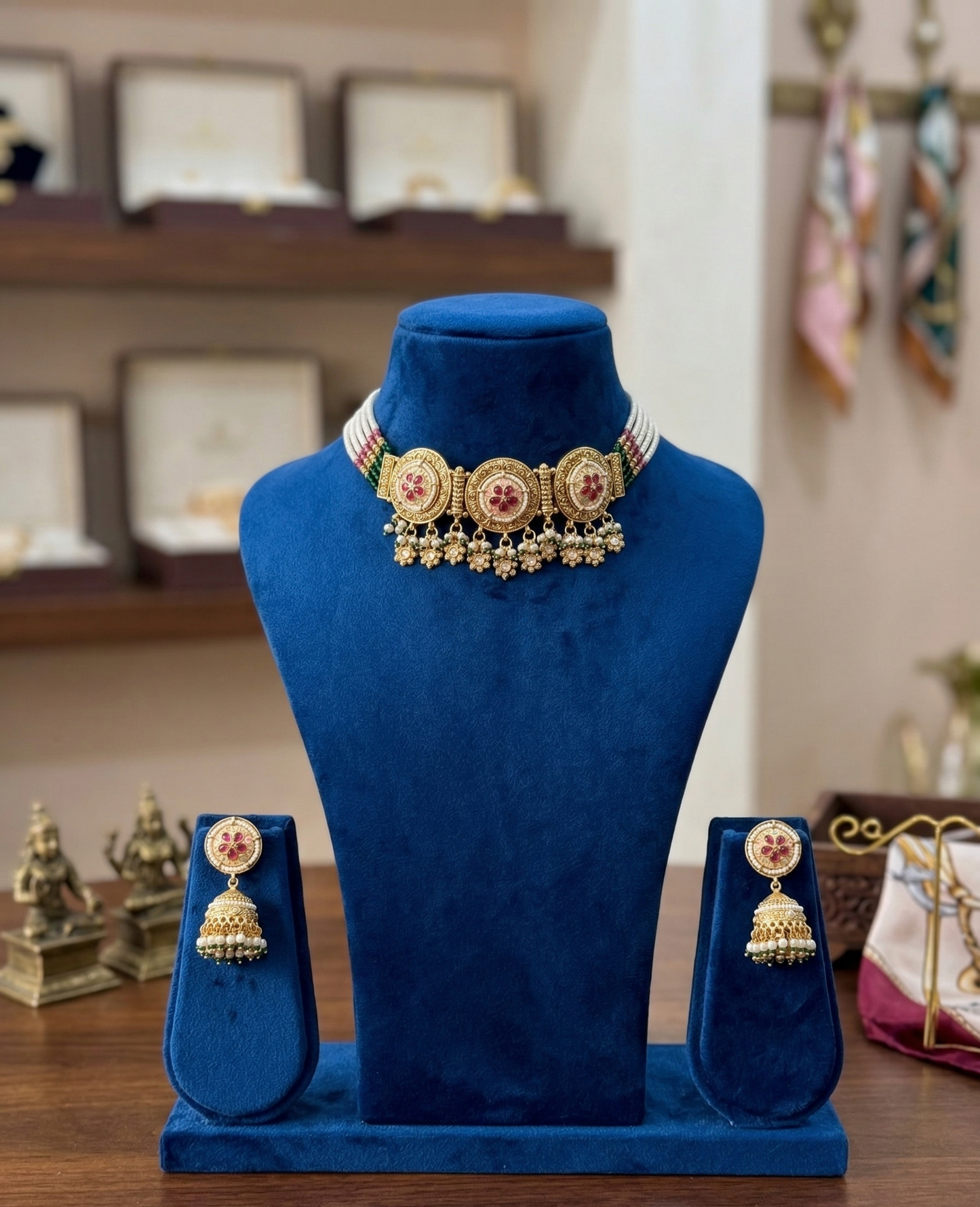 Regal Antique Gold-Plated Choker Set with Ruby Stones and Pearl Accents