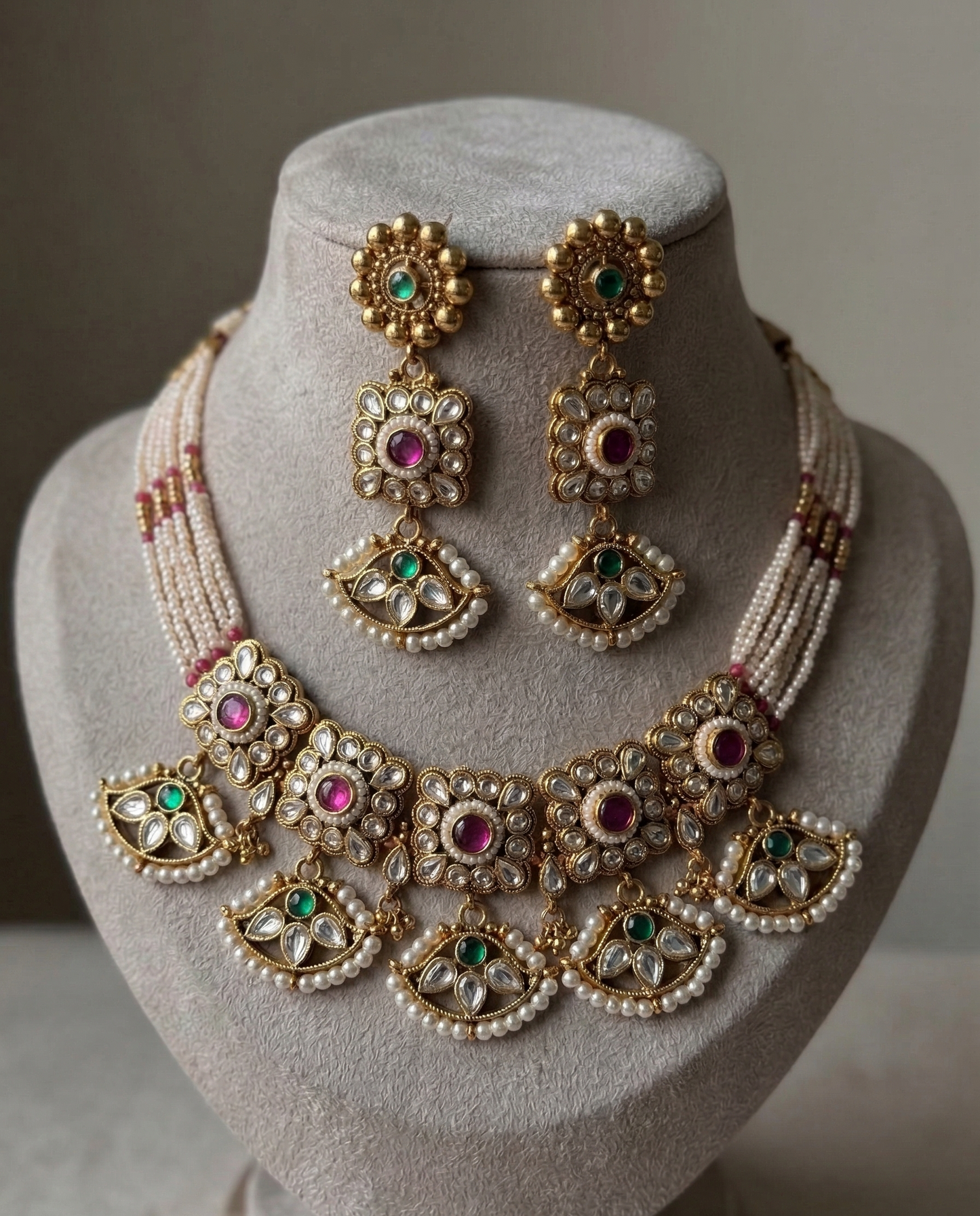 Heritage Pearl & Kundan Choker Set with Multi-Stone Accents and Matching Dangles