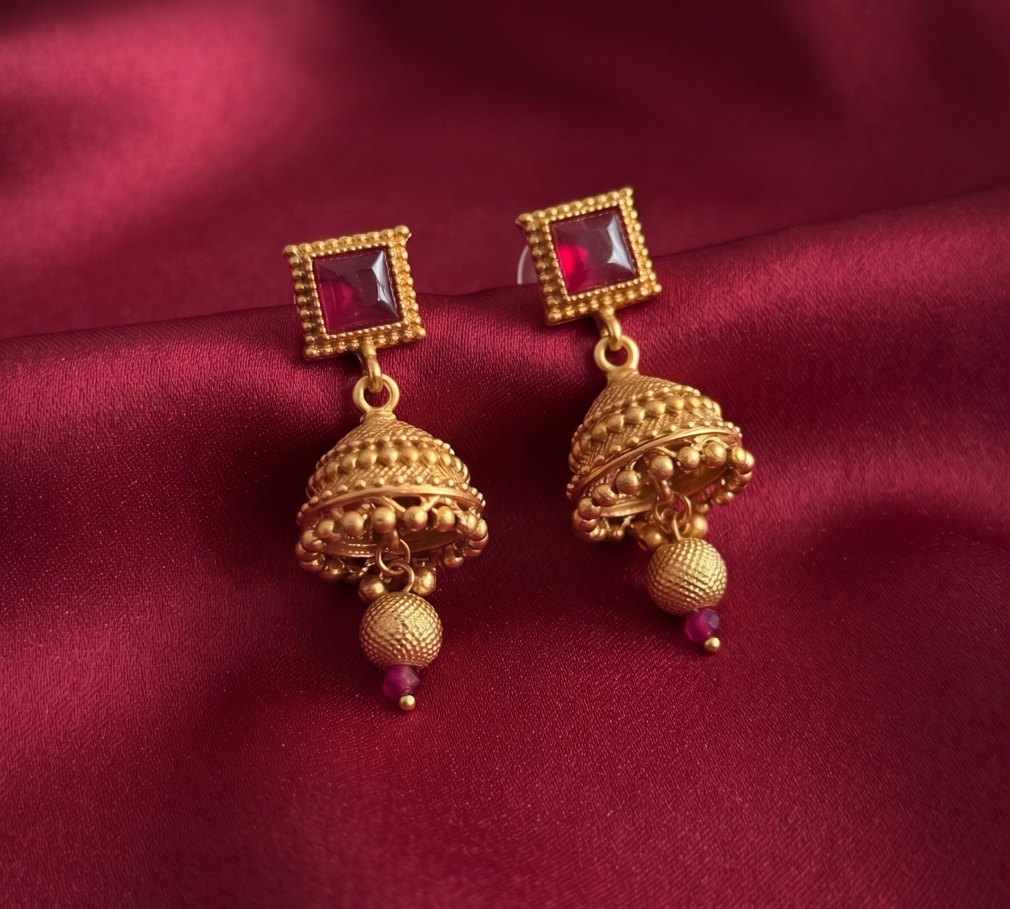 Ruby Red Stone Studded Gold-Plated Choker Necklace Set with Matching Jhumki Earrings