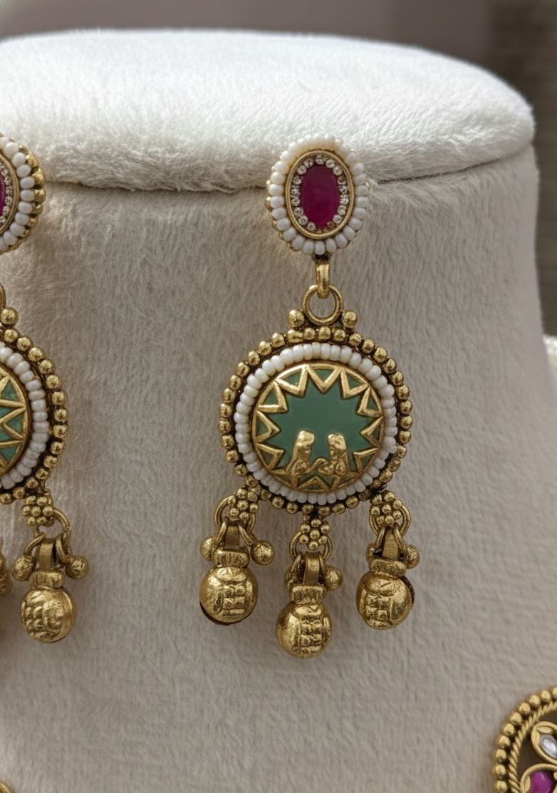 Heritage Antique Gold-Plated Temple Necklace Set with Kemp Stones & Elephant Motifs