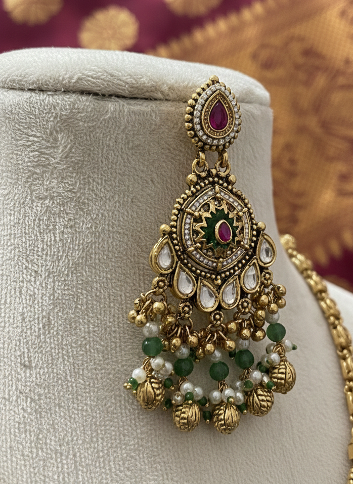 Maharaja Heritage Antique Gold Long Necklace Set with Jhumka Earrings