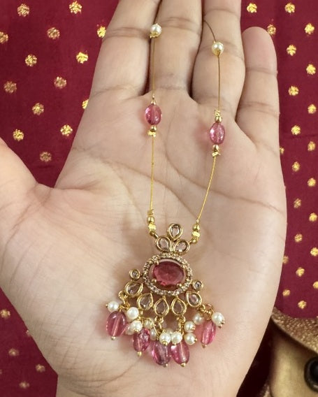 Deep Pink Magenta Floating Necklace – Invisible Gold Wire Choker with Gemstone & Pearl Fringe