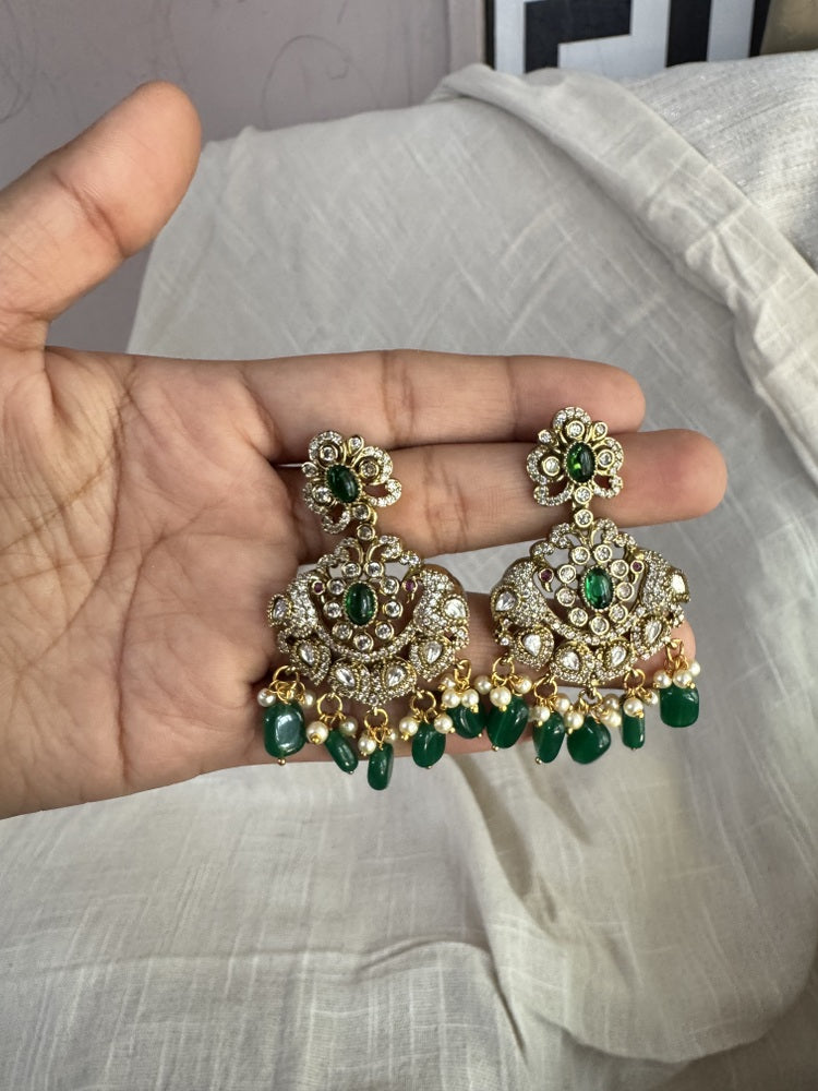 Victorian dark Green Peacock Chandbali Earrings with Polki & Pearl Accents