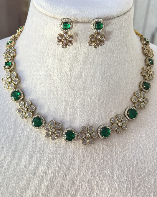 Elegant Emerald Green & Polki Floral Necklace Set with Matching Earrings
