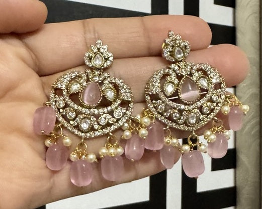 Victorian Style Rose Pink Quartz Chandbali Earrings with Pearl Accents