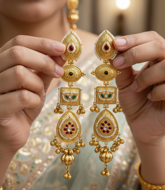Antique Gold-Tone Kashmiri Long Jhumka Earrings with Kundan & Pearl Accents