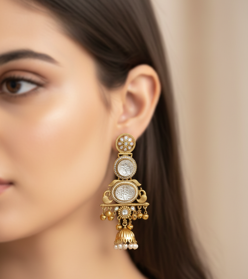 Royal Kashmiri Peacock Jhumka Earrings – Antique Gold Finish with Kundan & Stone Accents