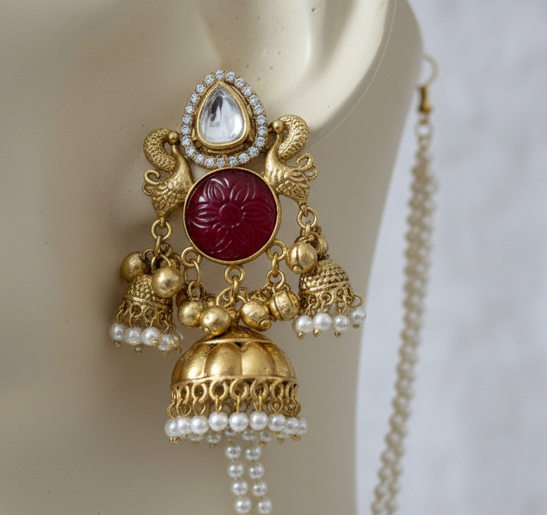 Heritage Ruby Red Kashmiri Jhumka Earrings with Pearl Sahara Chains – Antique Gold Peacock Design