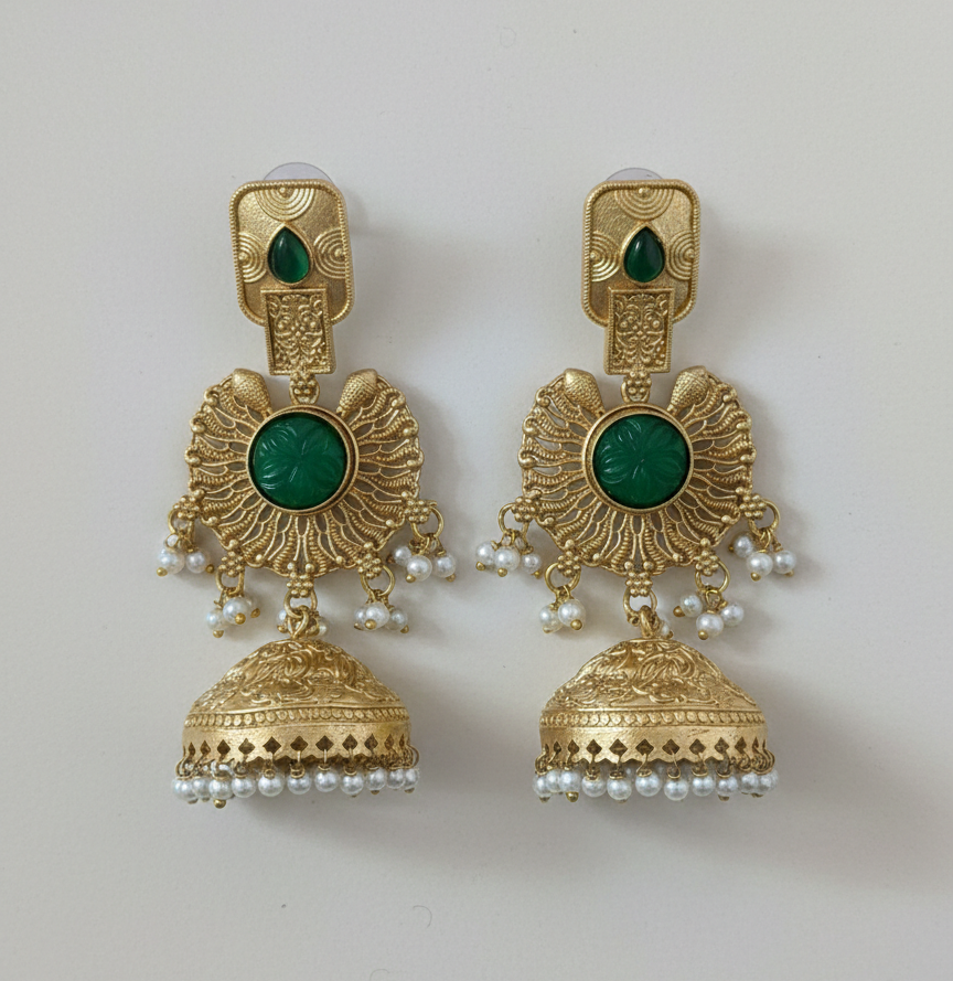 Royal Heritage Kashmiri Jhumka Earrings with Pearl Sahara Chains – Antique Gold & Ruby Red