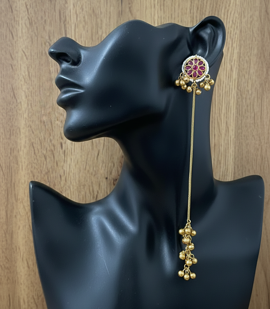 Floral Mandala Kashmiri Dejhoor Earrings – Sleek Long Chain with Golden Bead Clusters