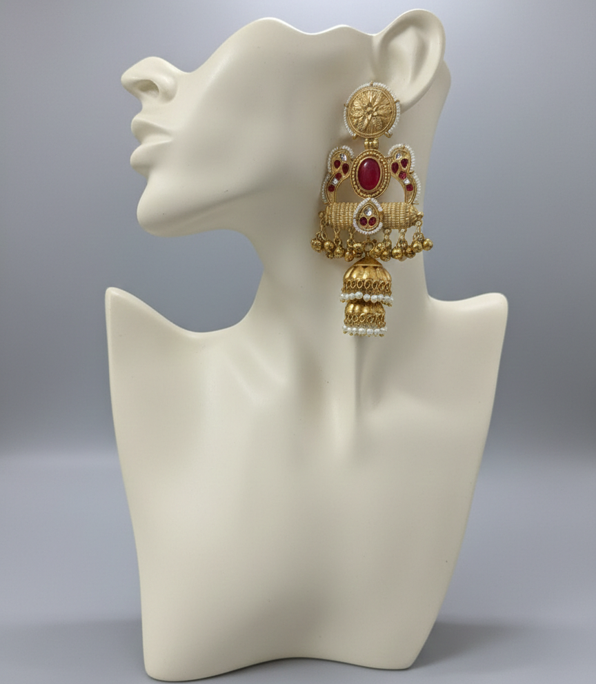Rani Pink Matte Gold Double-Jhumka Kashmiri Earrings with Pearl Border