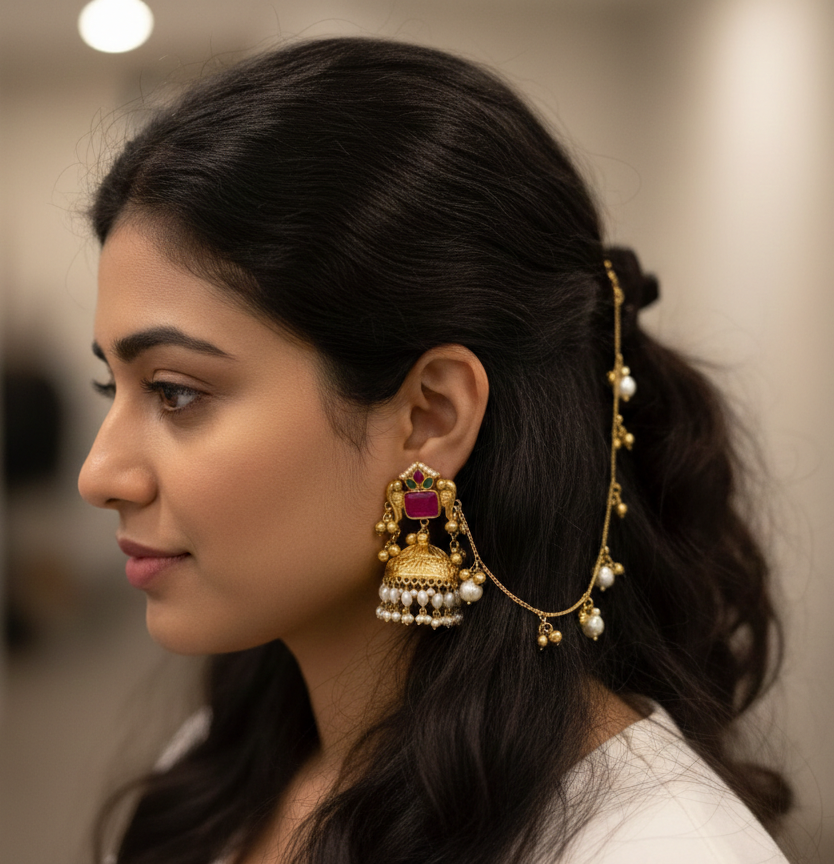 Kashmiri Peacock Jhumka Earrings with Pearl Sahara Chains – Handcrafted Brass