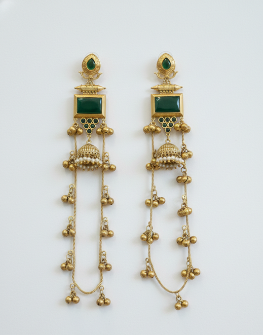 Emerald Green Rectangular Drop Kashmiri Earrings with Long Ghungroo Sahara Chains
