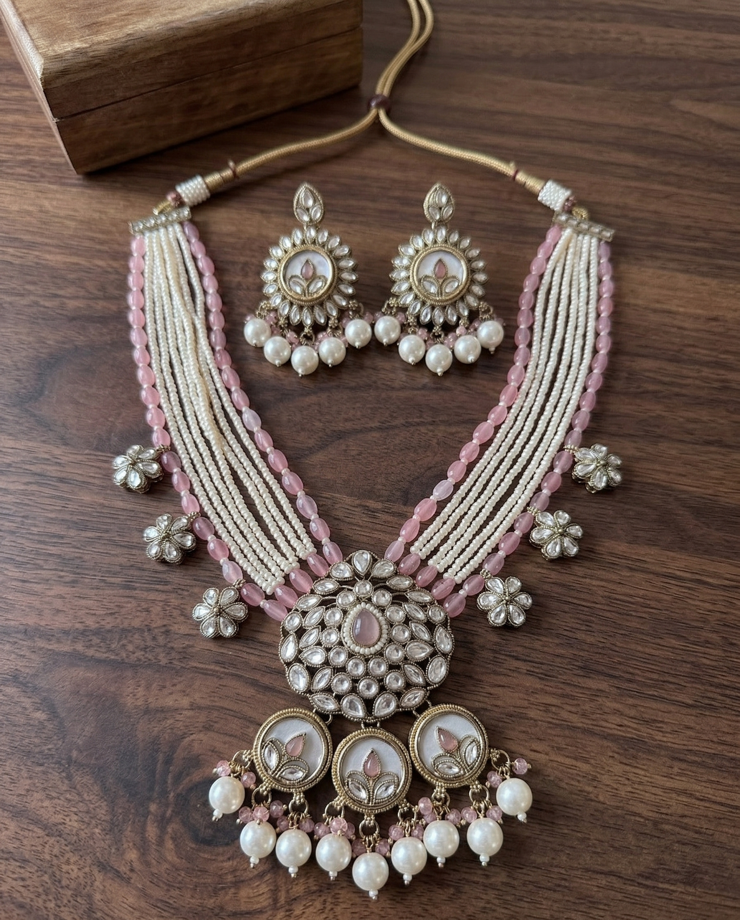 Elegant Floral Kundan & Bead Multi-Layered Necklace Set with Matching Jhumkas