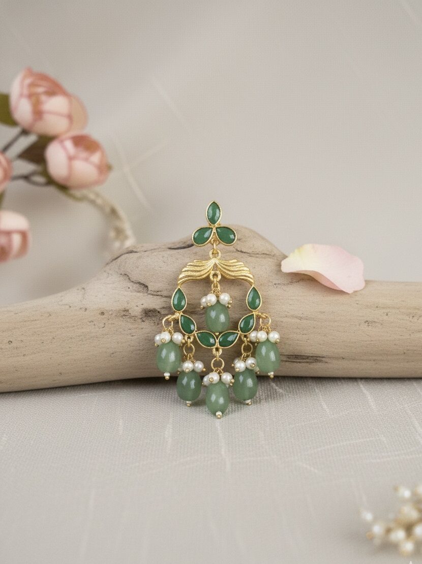Mint Green Stone Chandbali Earrings – Handcrafted Festive Wear Jewellery