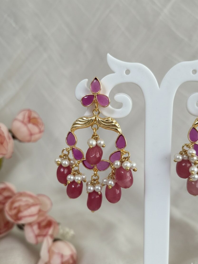 Royal pink Stone Chandbali Earrings – Handcrafted Festive Wear Jewellery