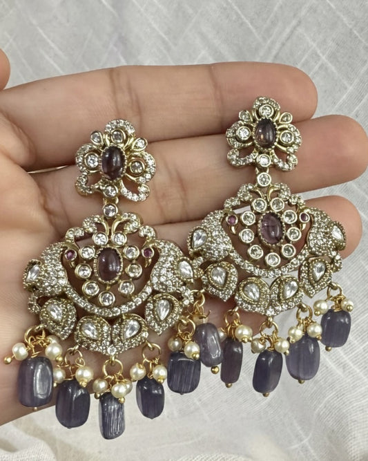 Elegant Victorian Lavender Stone & Antique Gold Peacock Earring