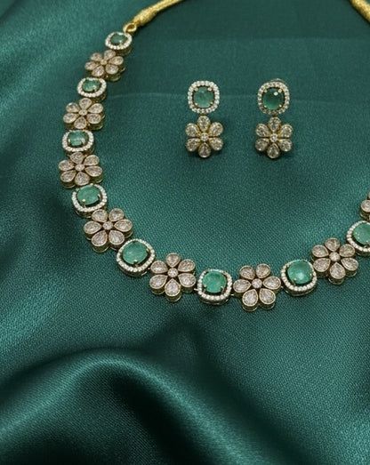 Elegant Emerald Green & Polki Floral Necklace Set with Matching Earrings