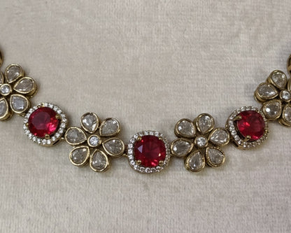 Elegant Emerald Green & Polki Floral Necklace Set with Matching Earrings